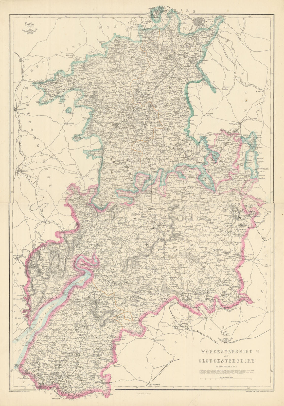 SEVERN/AVON VALLEYS 'Worcestershire & Gloucestershire'.Railways.WELLER 1863 map